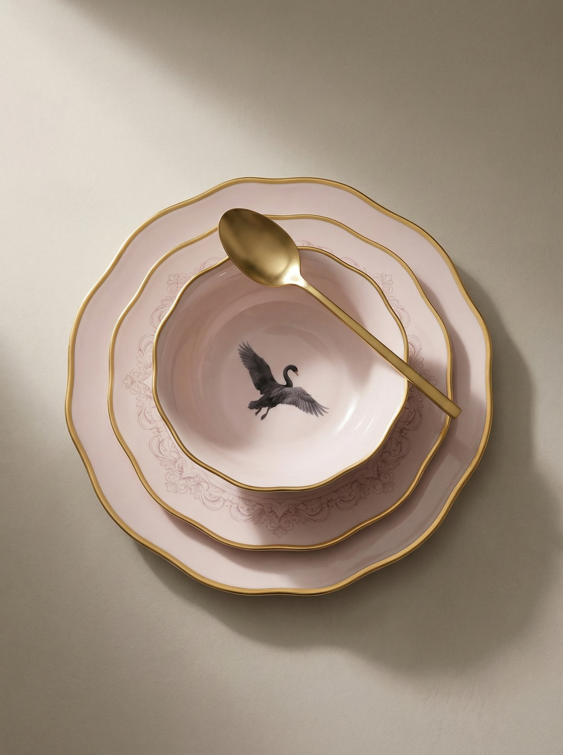 AI-generated product visual of a stacked bird-pattern plate and bowl set with a gold spoon