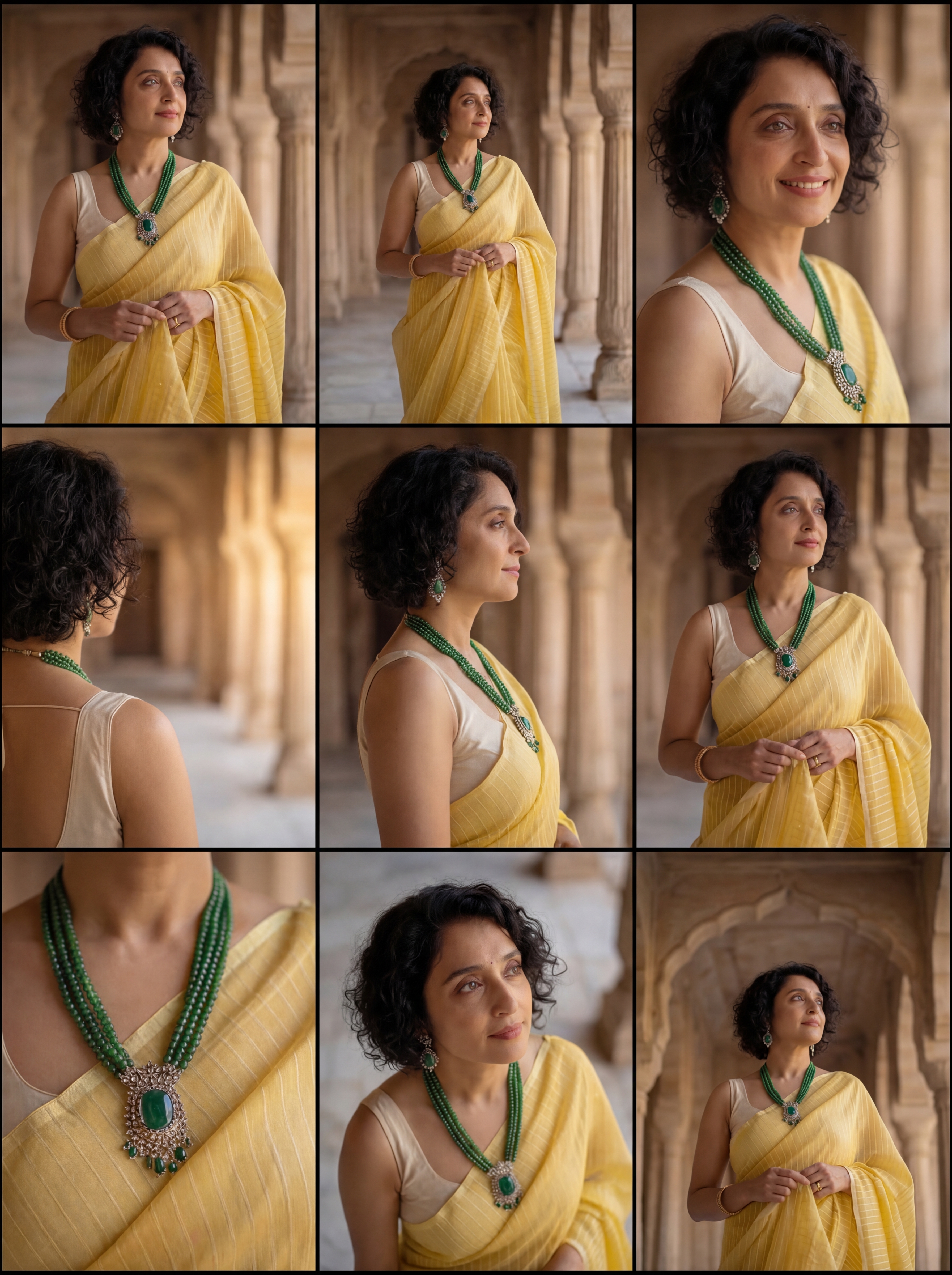 AI-generated fashion visual grid of a woman in a yellow saree with a green necklace
