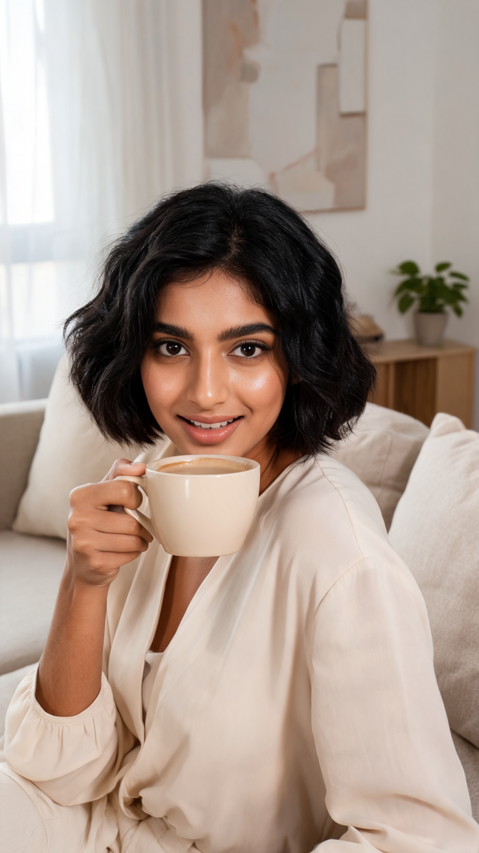 AI-generated lifestyle visual of a woman drinking coffee on a couch