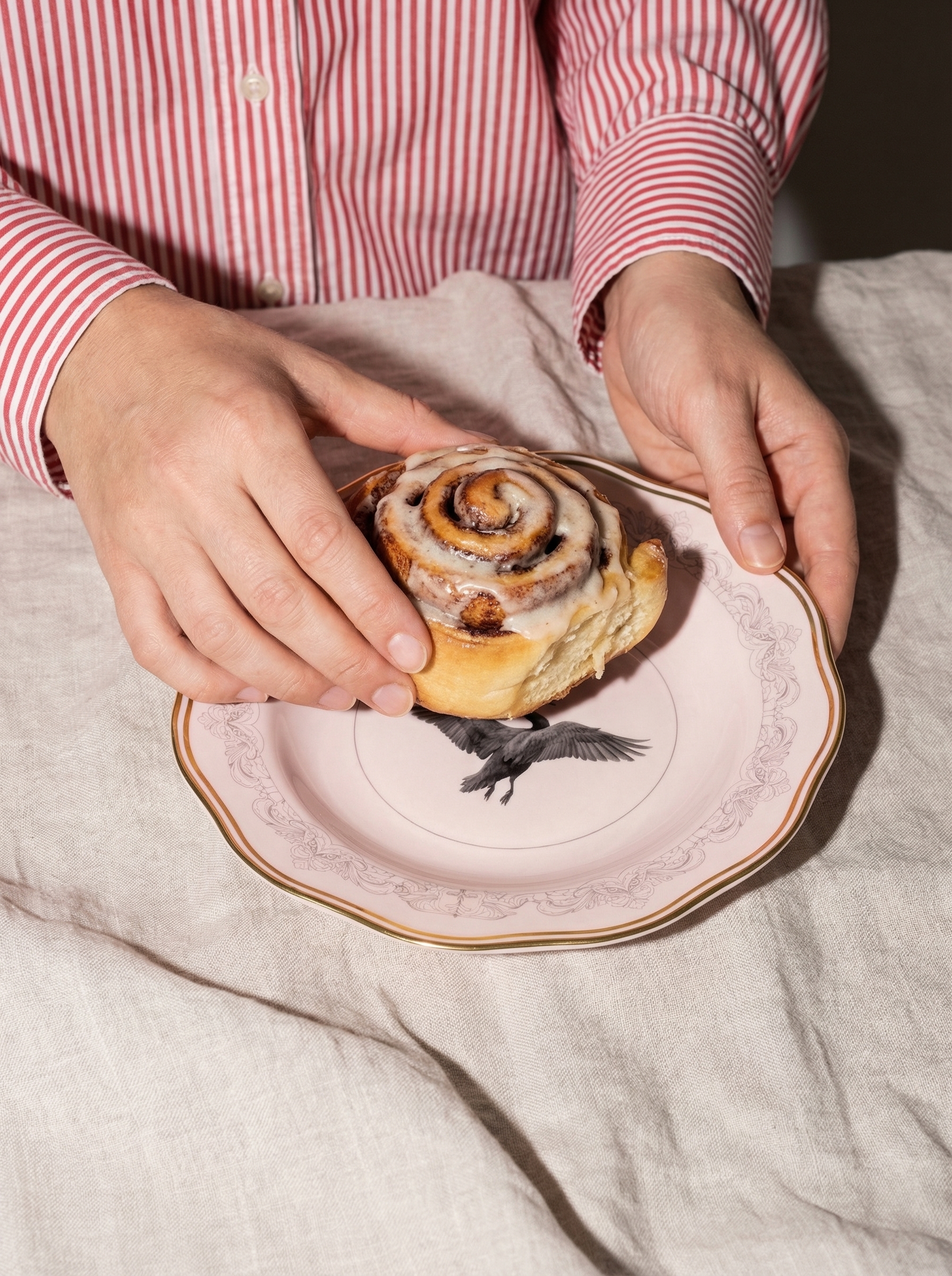 AI-generated product visual of a cinnamon roll on a branded pink plate with bird illustration