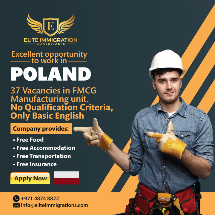 Social media ad design for Elite Immigration Consultants' Poland work visa offer