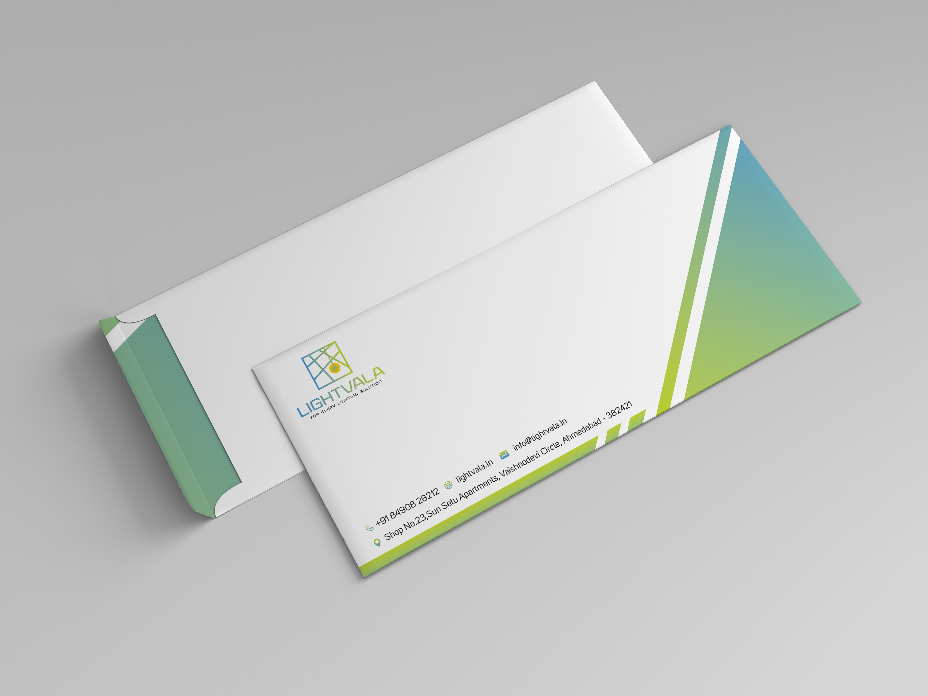 Branded envelope mockup with blue-green gradient triangle design