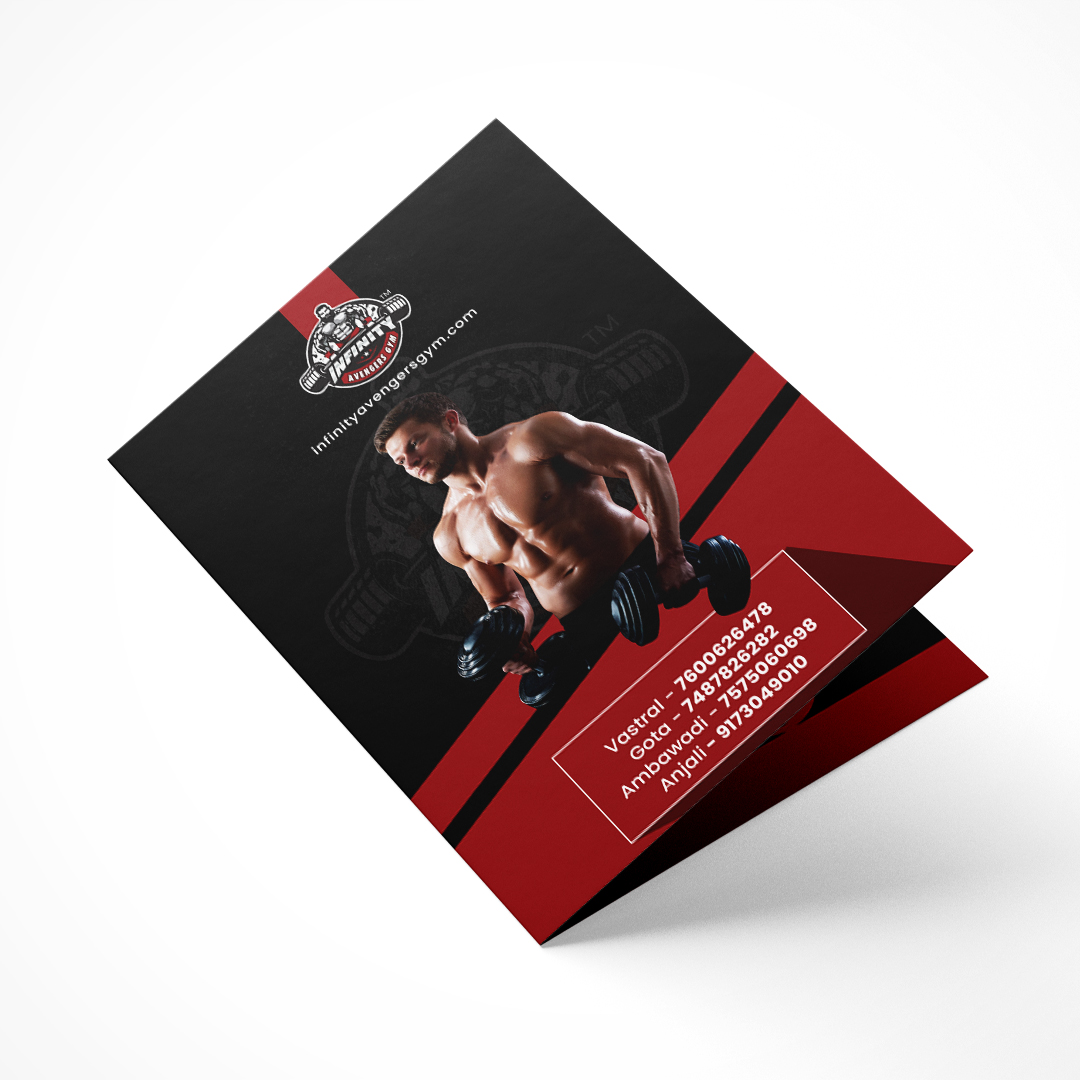 Bifold brochure design for Infinity Strength Gym featuring a bodybuilder