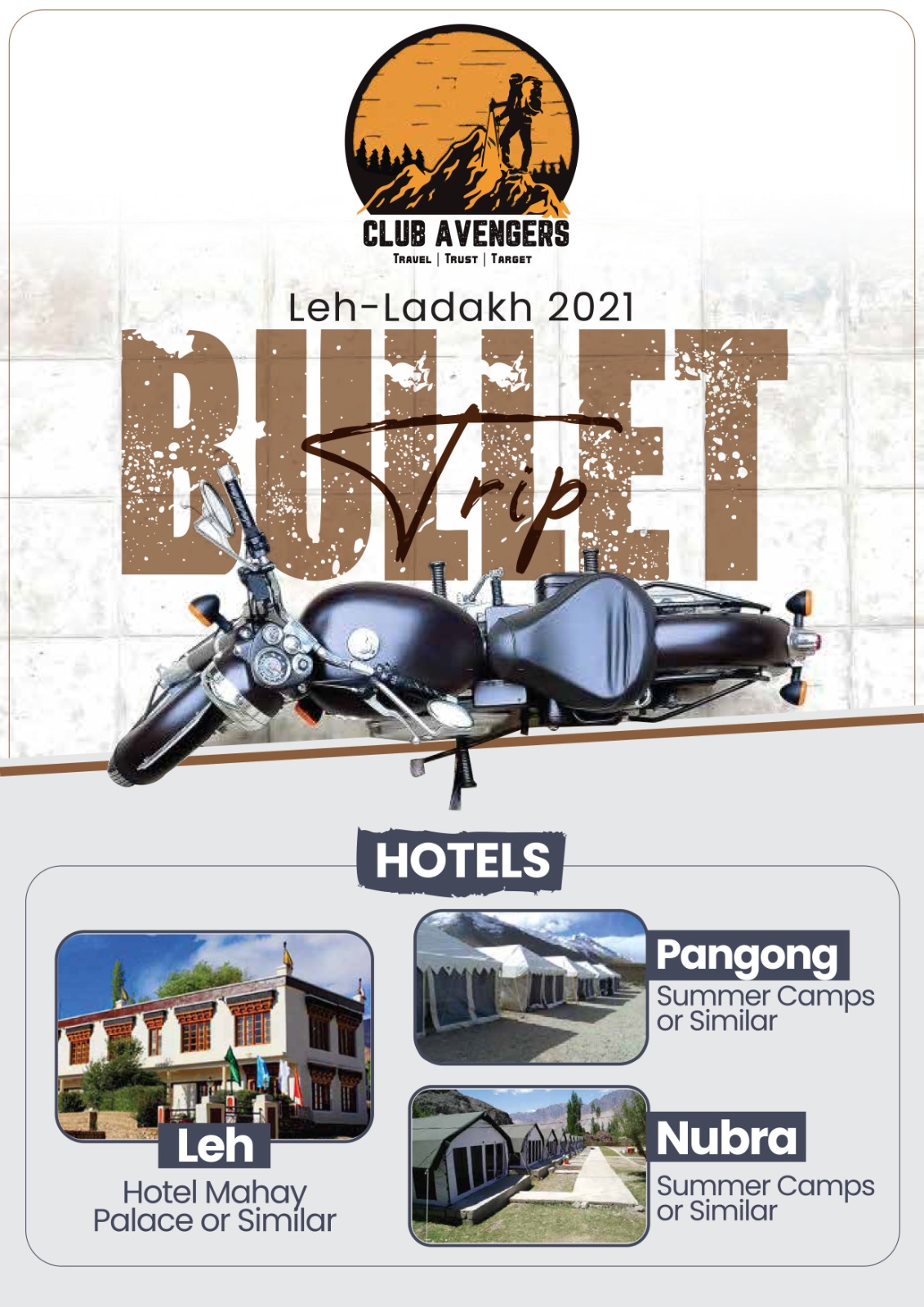 PDF cover design for Club Avengers' Leh-Ladakh Bullet Trip itinerary