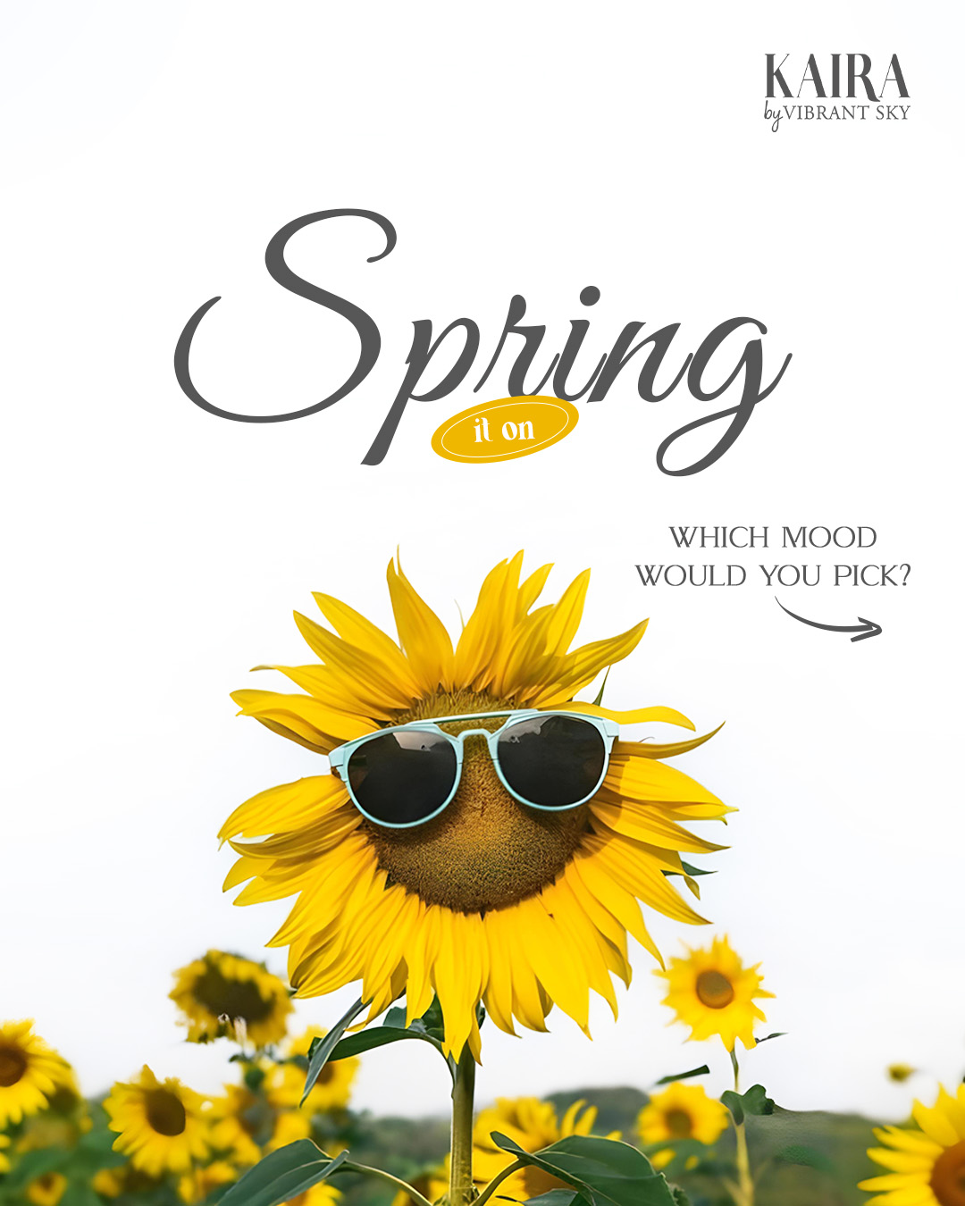 Social media post design for Kaira by Vibrant Sky featuring a sunflower wearing sunglasses