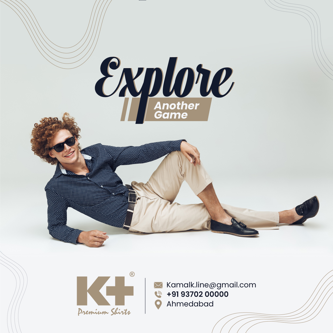 Social media post design for K+ Premium Shirts featuring a seated male model
