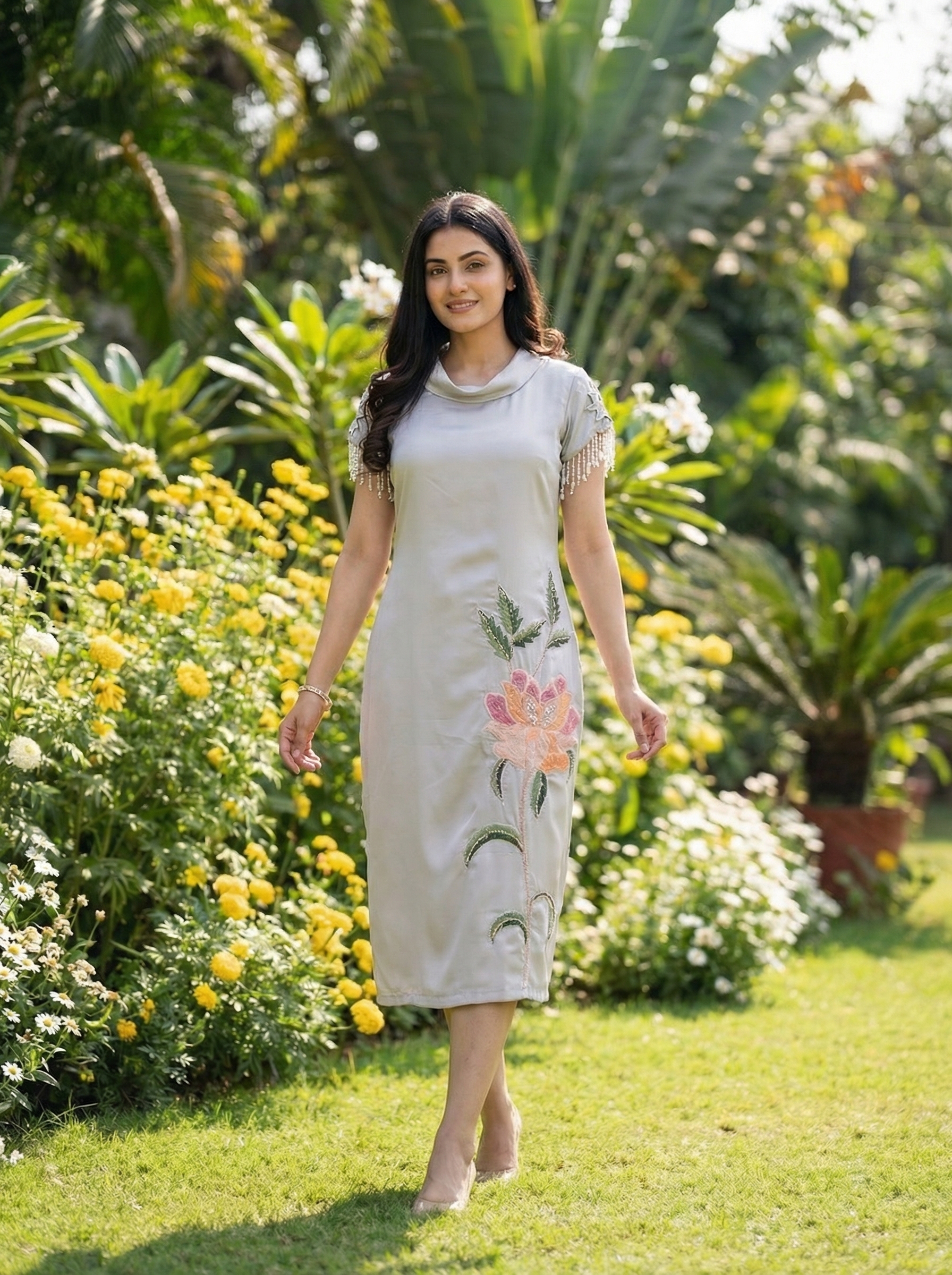 AI-generated lifestyle visual of a woman in a floral-embroidered dress in a garden