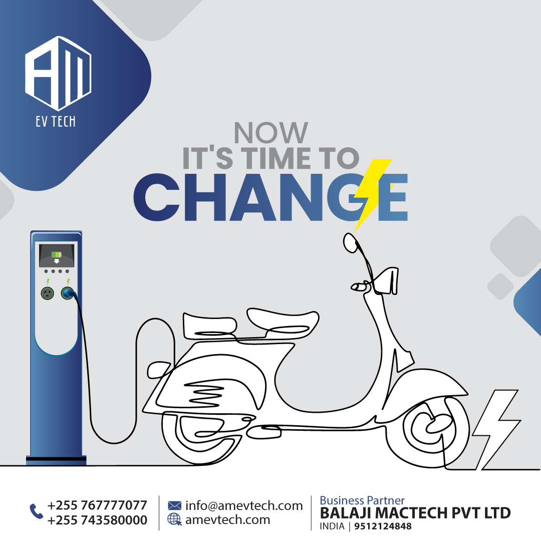 Social media post design for AM EV Tech featuring an illustrated electric scooter