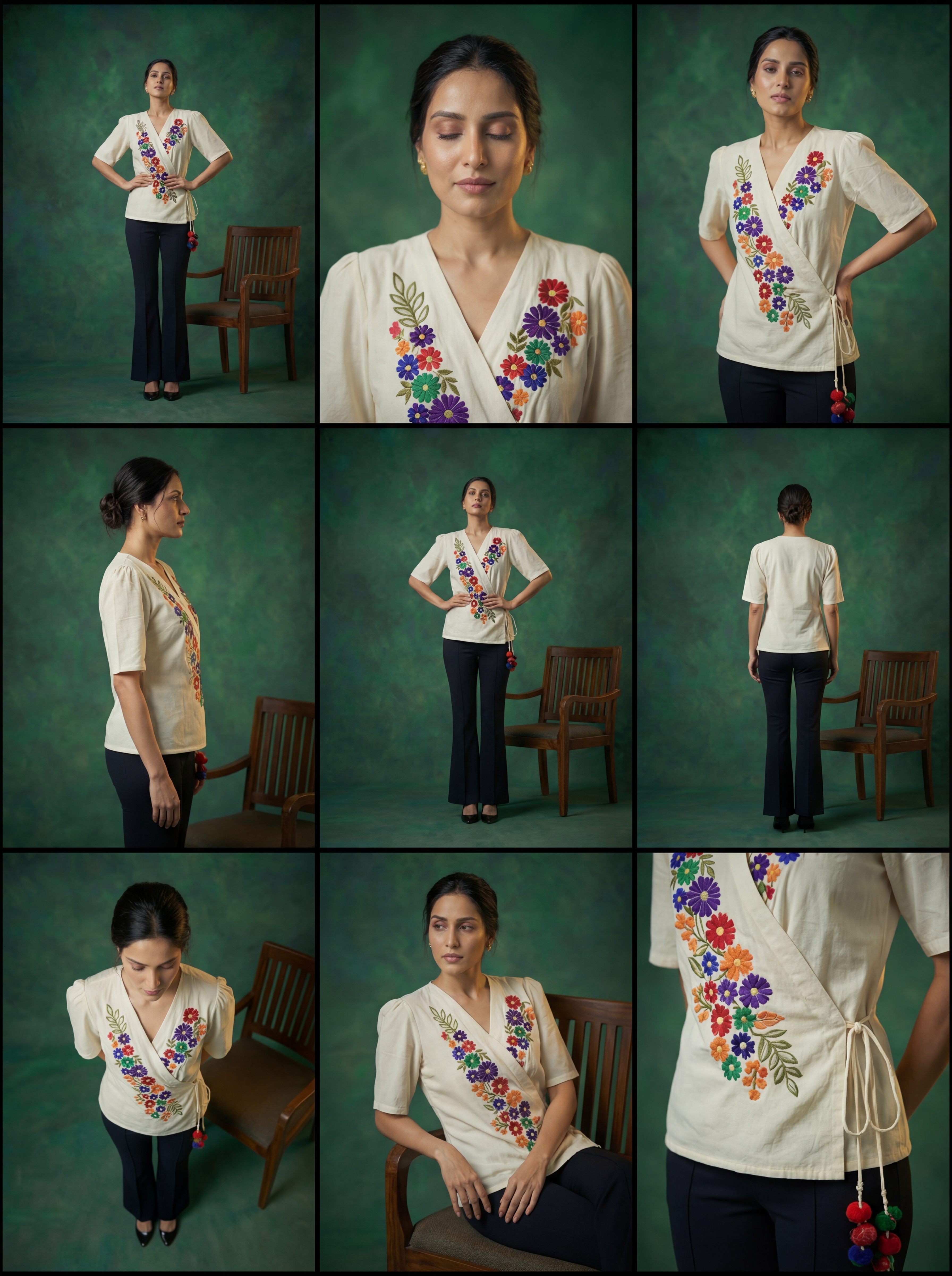 AI-generated fashion visual grid of a model wearing a floral-embroidered top