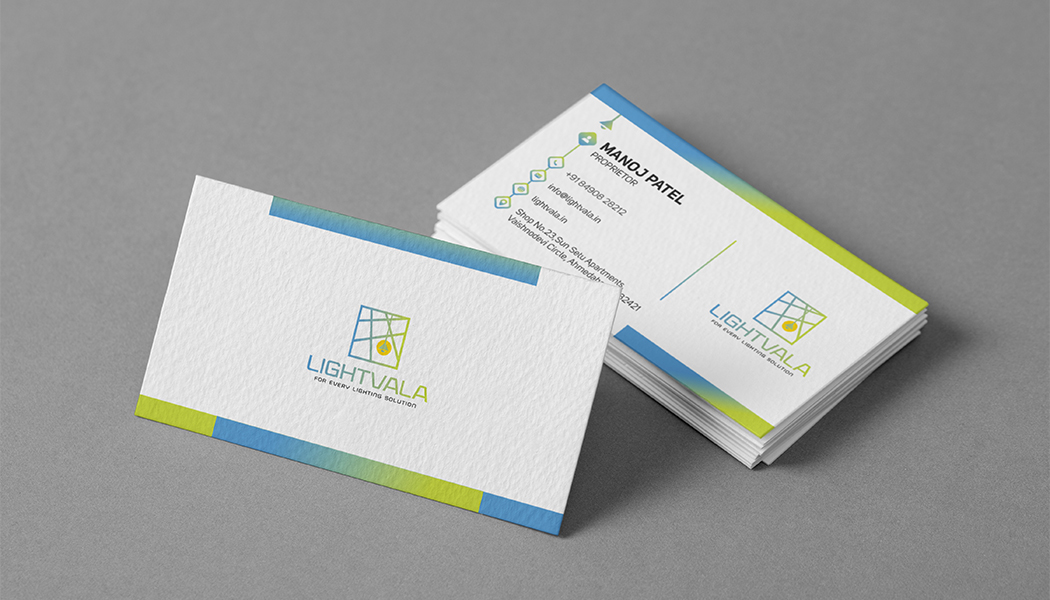 Business card design mockup with blue-green gradient border for Lightvala
