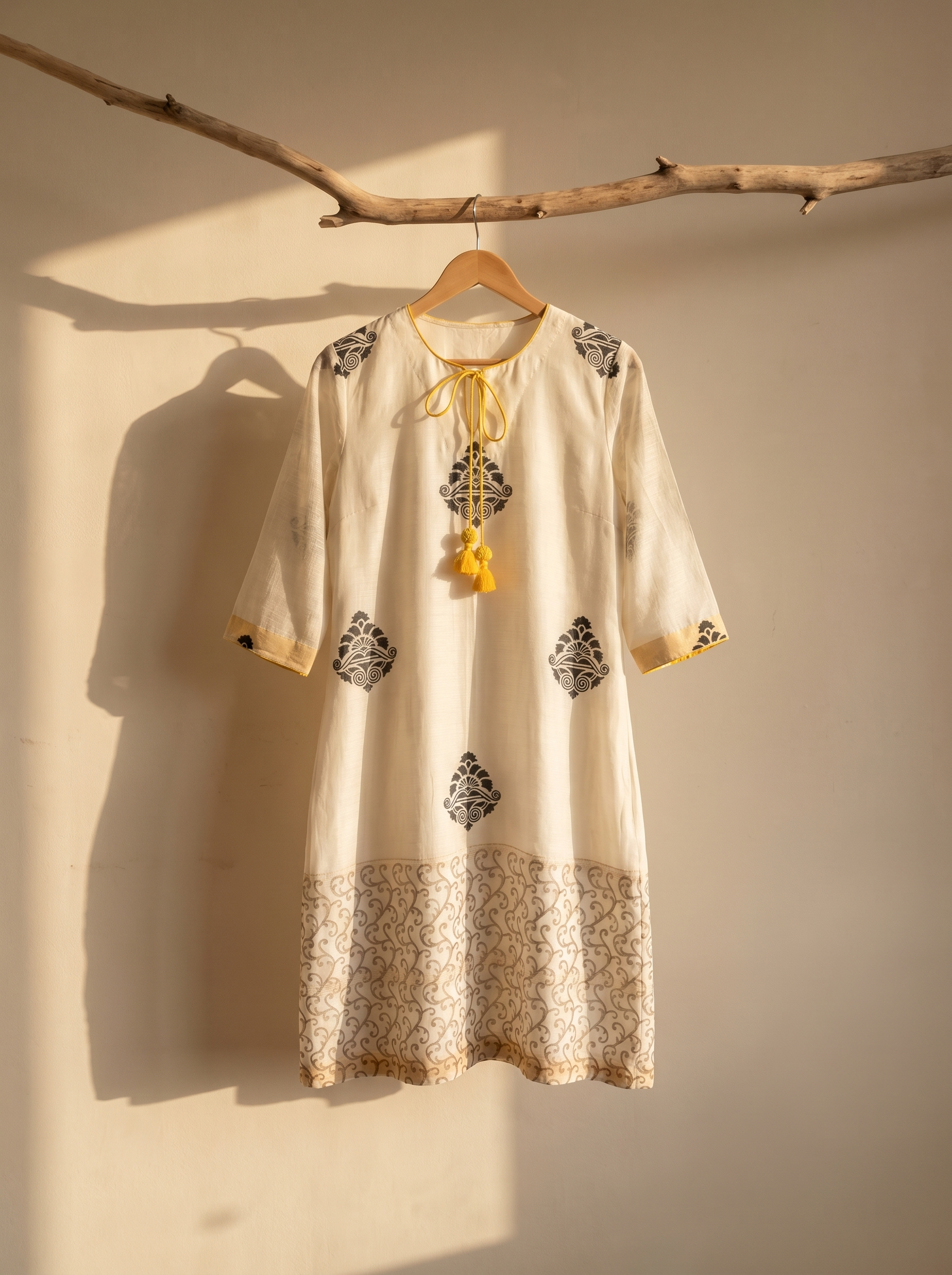 AI-generated product visual of a cream embroidered kurta dress on a hanger