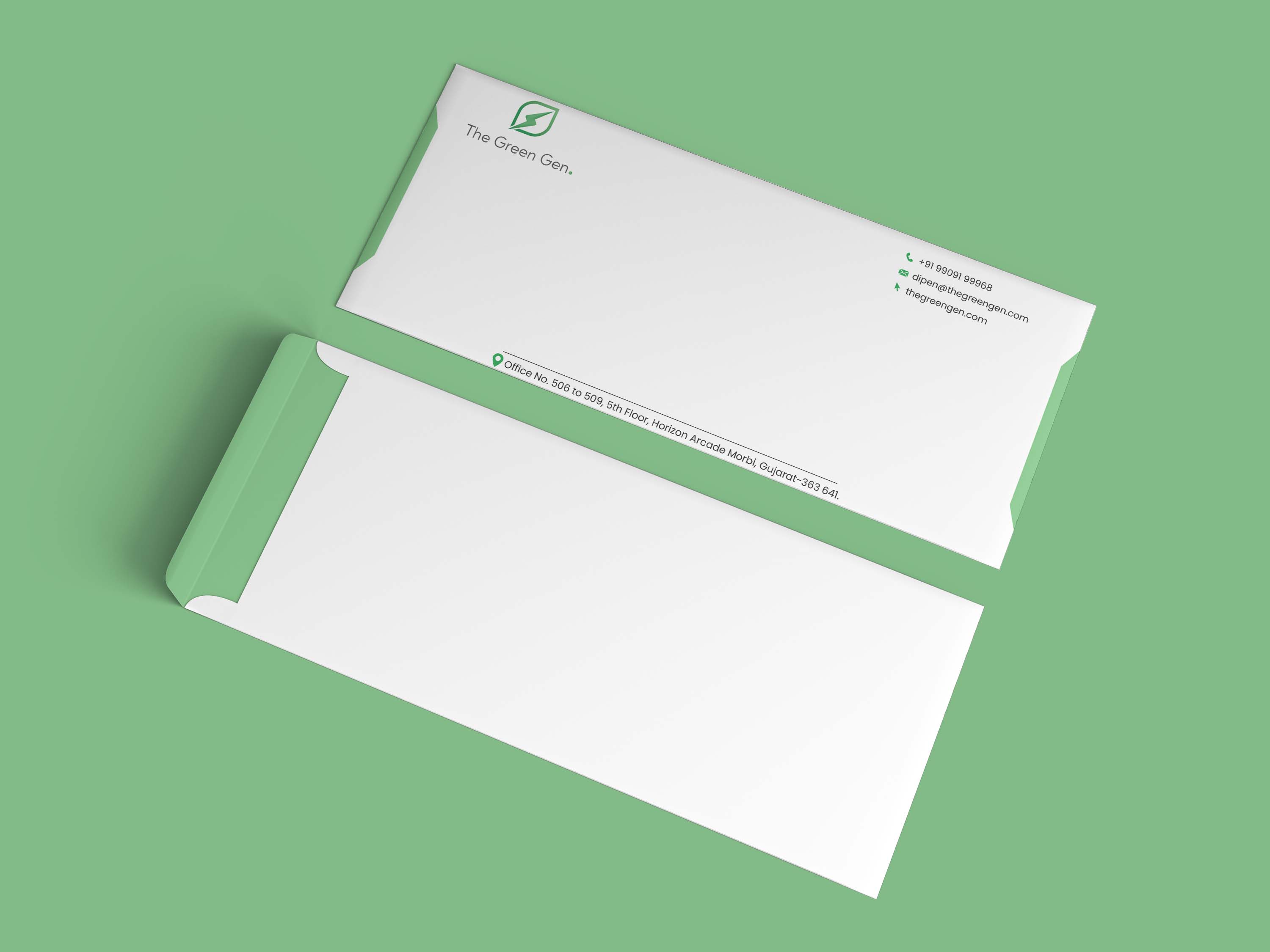 Branded envelope mockup for The Green Gen on a green background