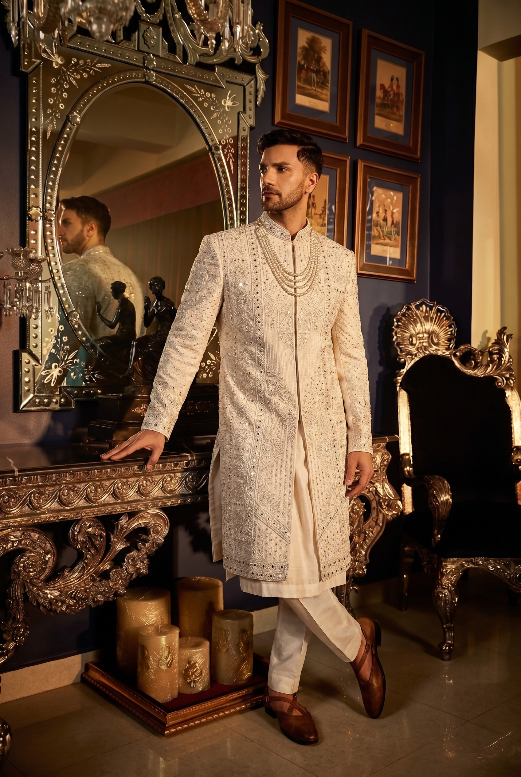 AI-generated fashion visual of a man in a cream embroidered sherwani in an ornate interior