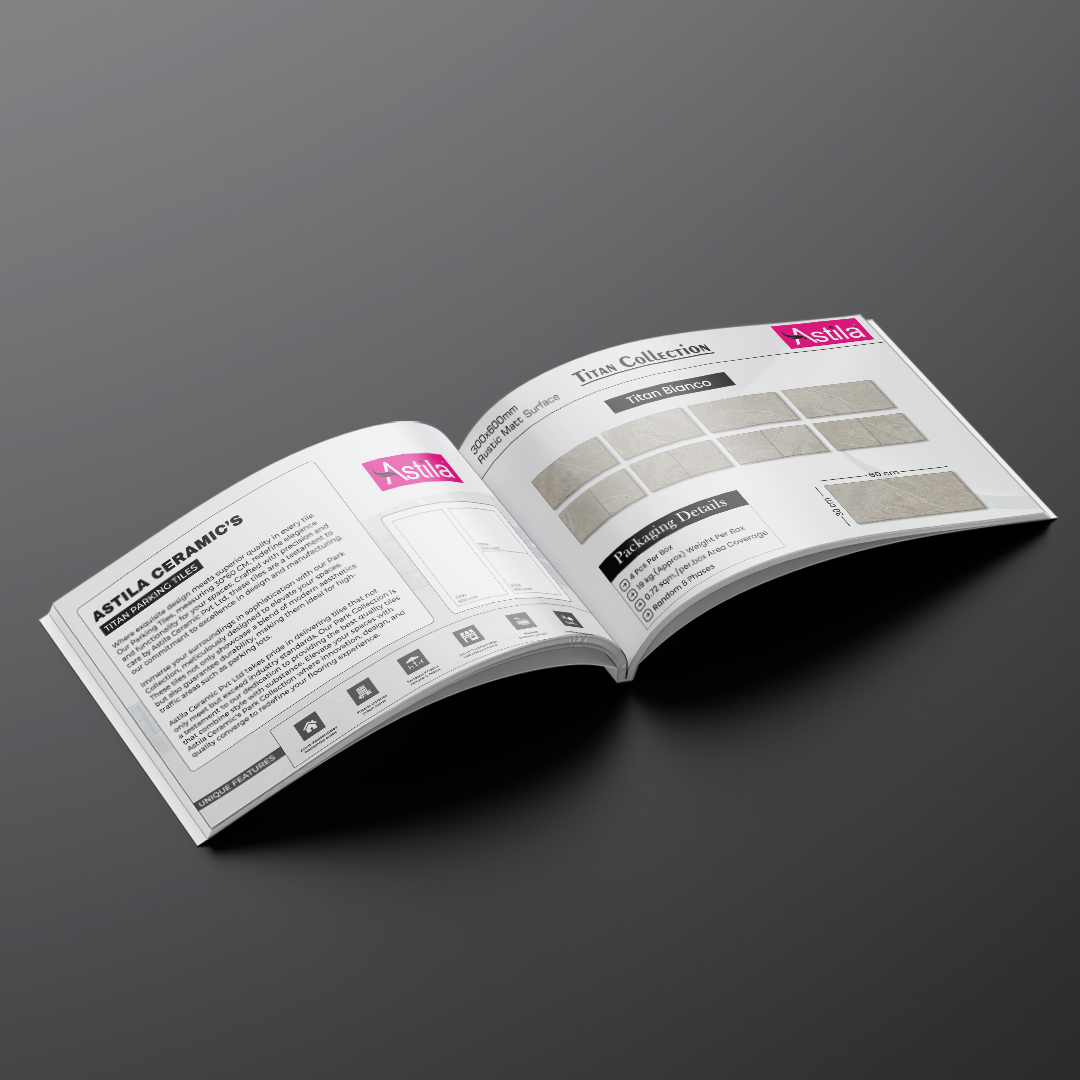 Catalog design spread for Astila Ceramics tile collection