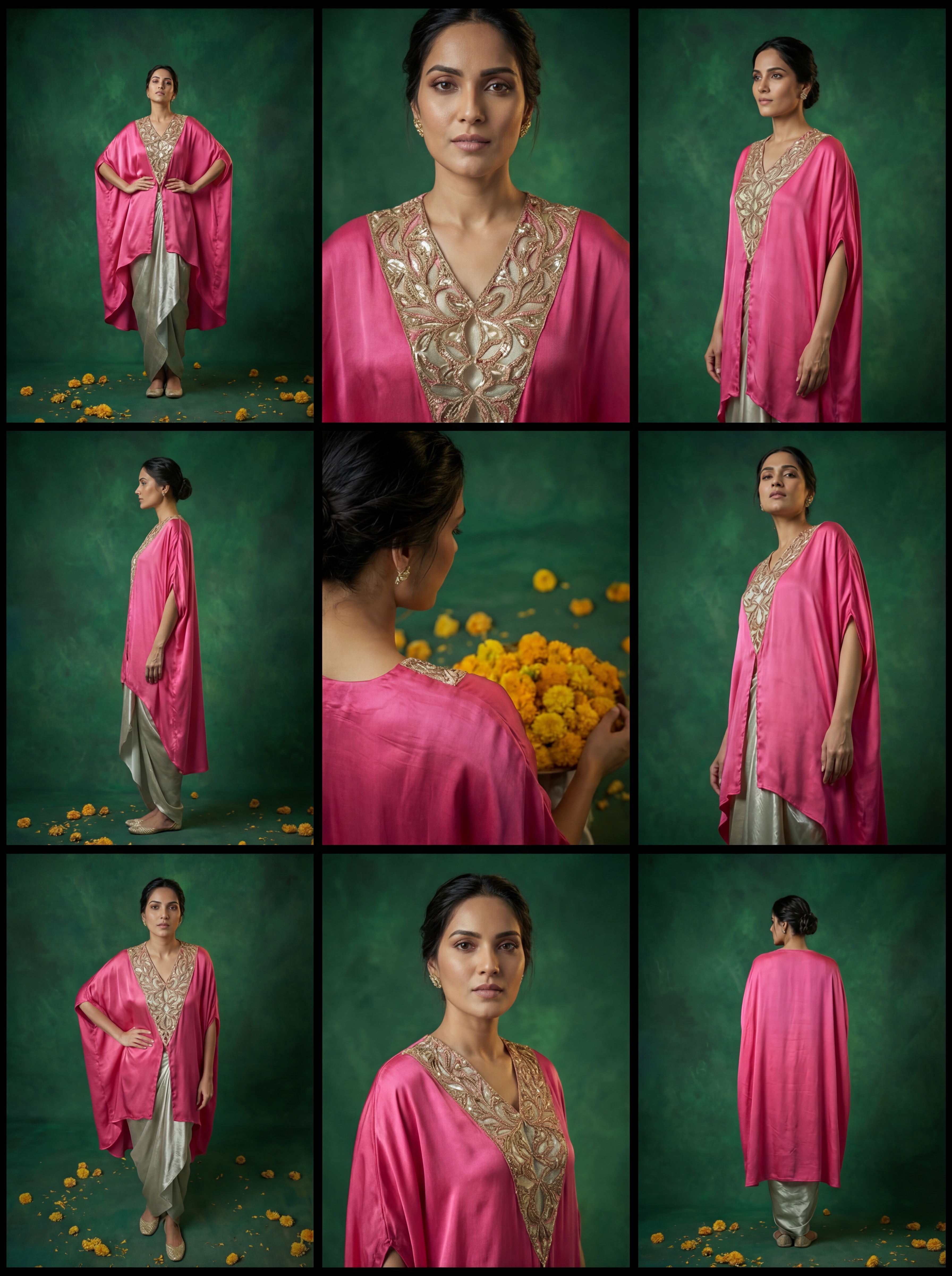 AI-generated fashion visual grid of a model wearing a pink embroidered kaftan