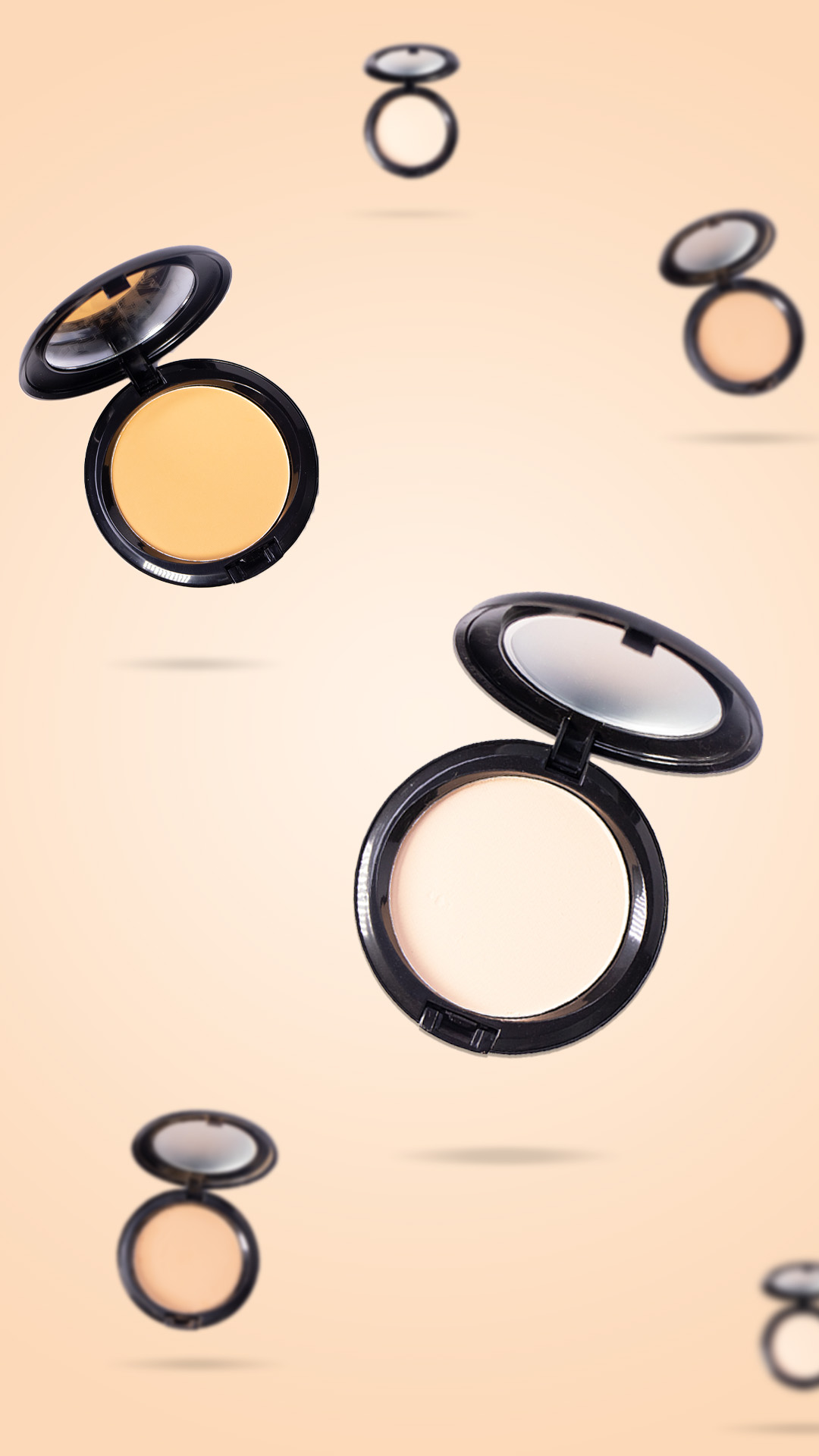 Social media product post design featuring floating compact powder cases