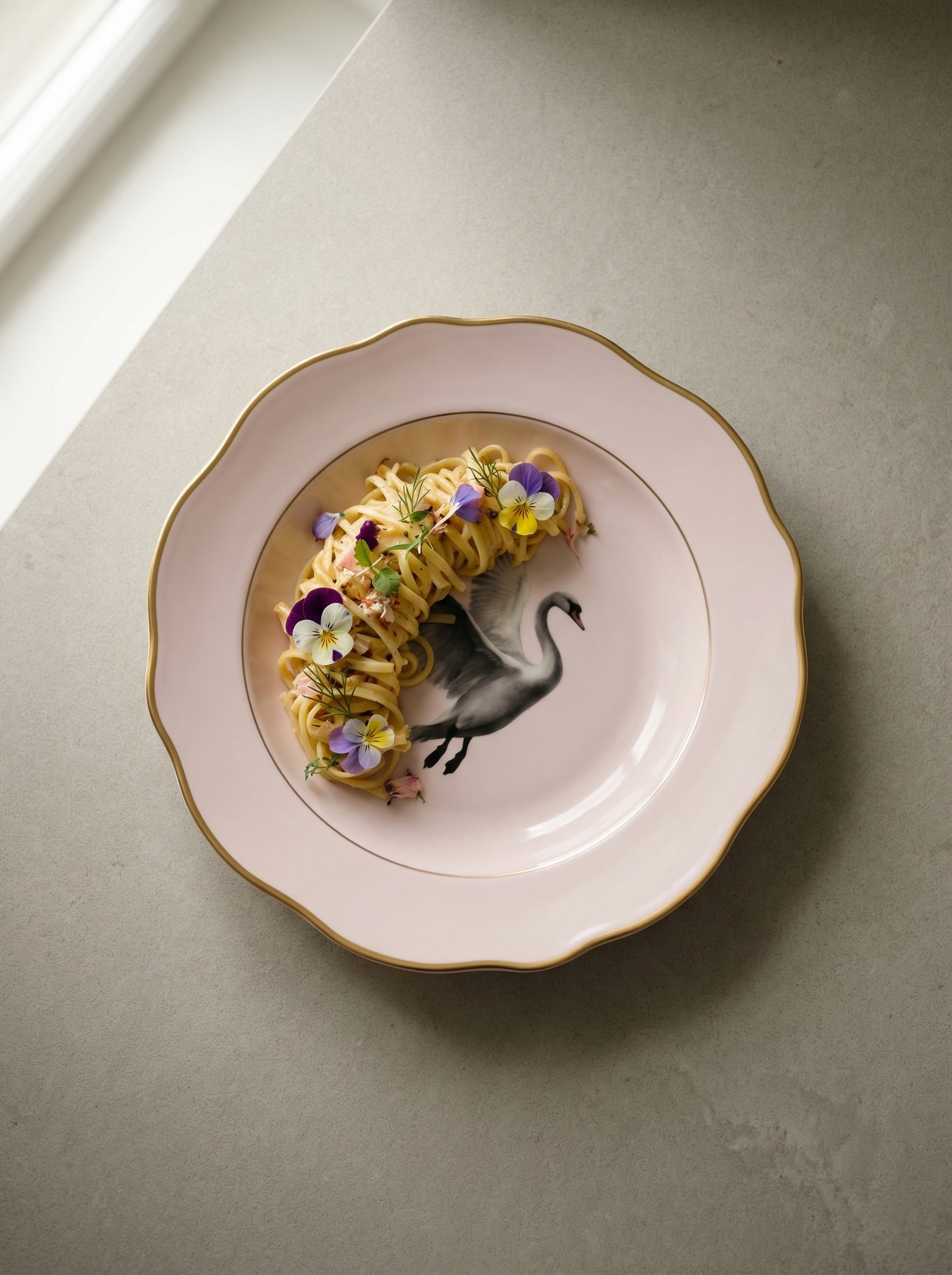 AI-generated product visual of a pasta dish on a branded pink plate with bird illustration
