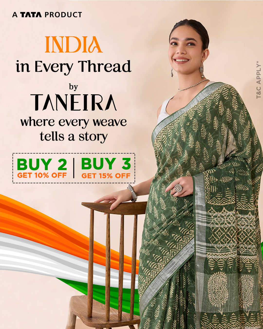 Social media sale post design for Taneira sarees featuring a woman in a green saree