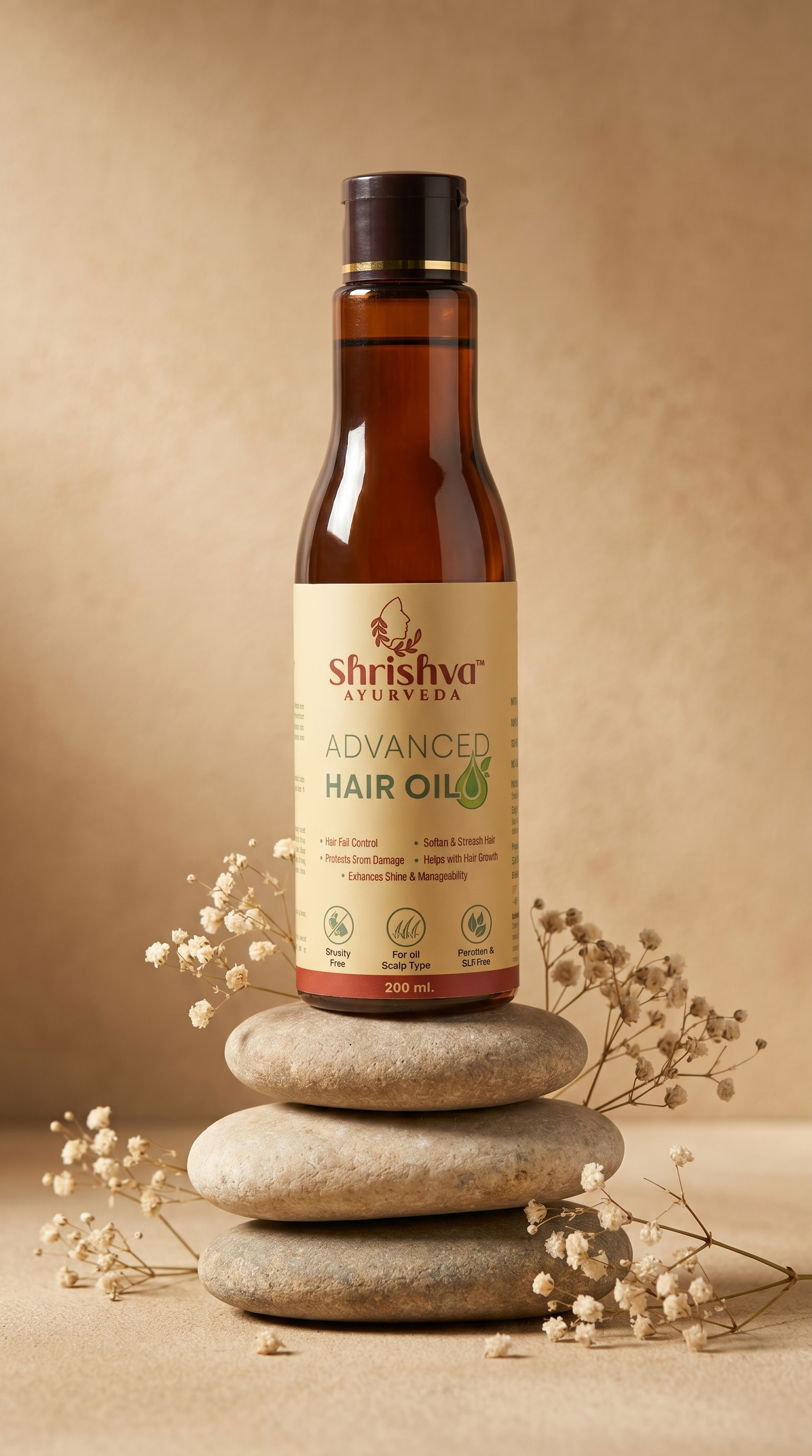 AI-generated product visual of a hair oil bottle styled on stacked stones