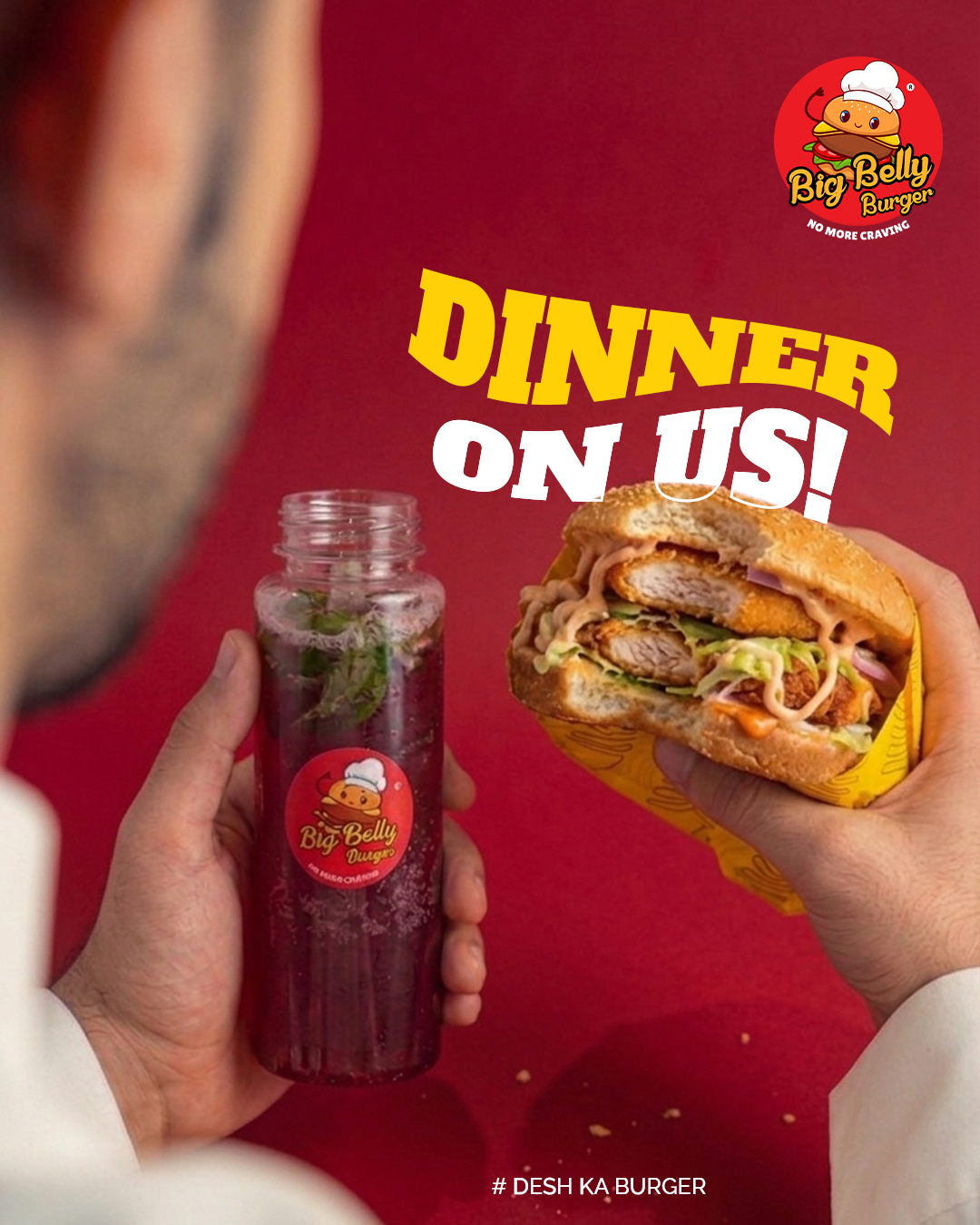 Social media post design for Big Belly Burger featuring a burger and drink combo