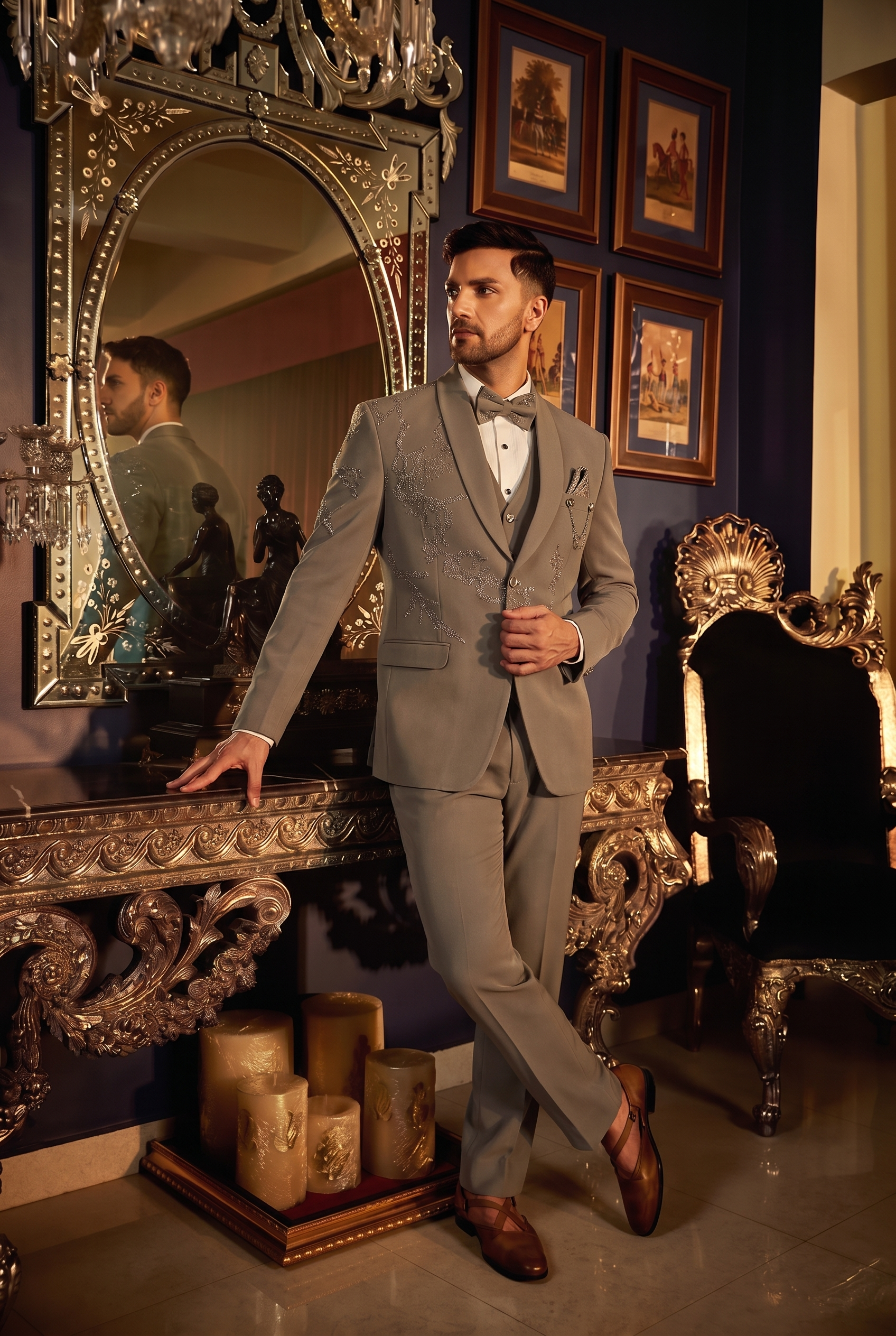AI-generated fashion visual of a man in a grey suit in an ornate interior
