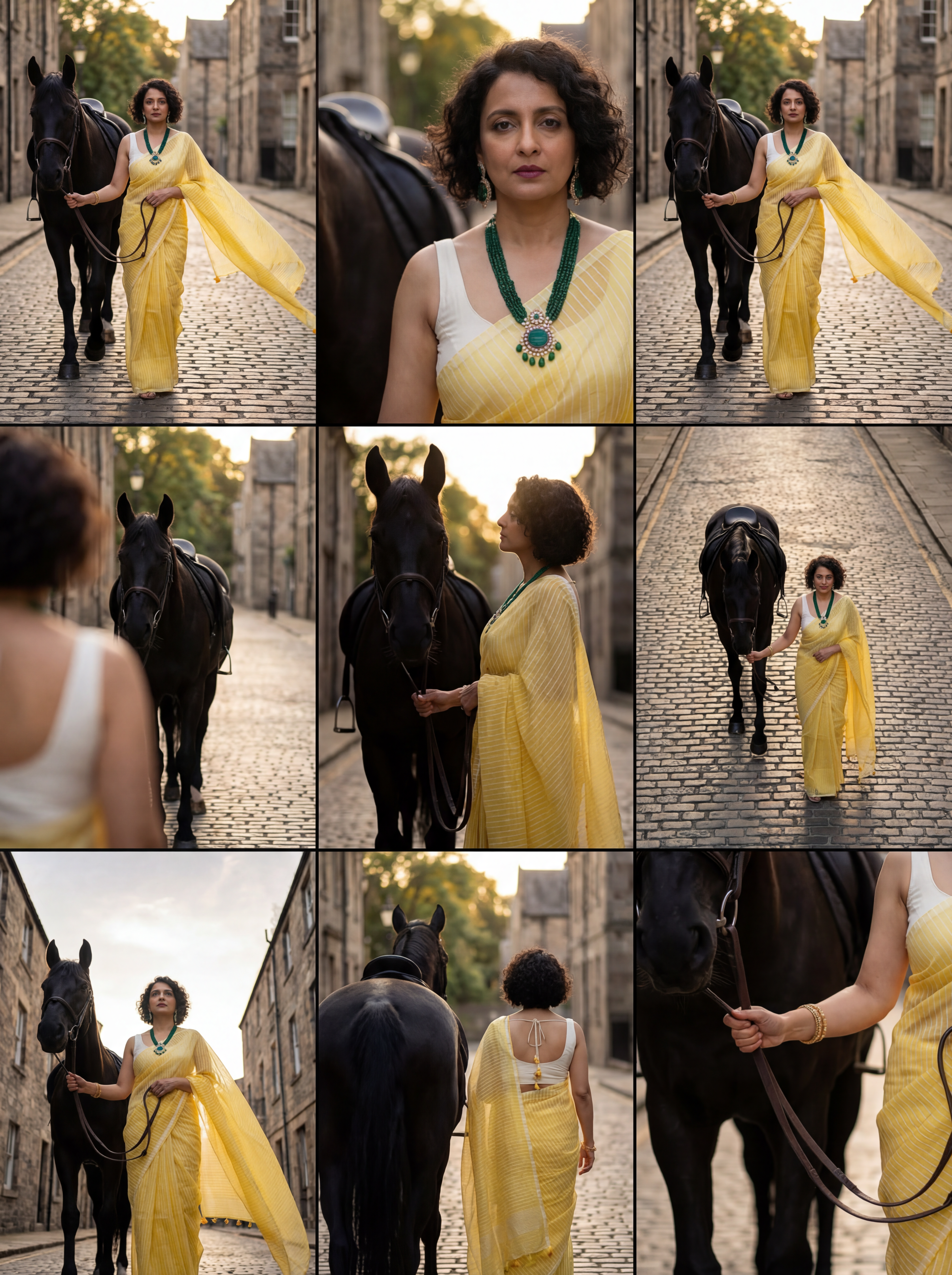 AI-generated fashion visual grid of a woman in a yellow saree walking a horse