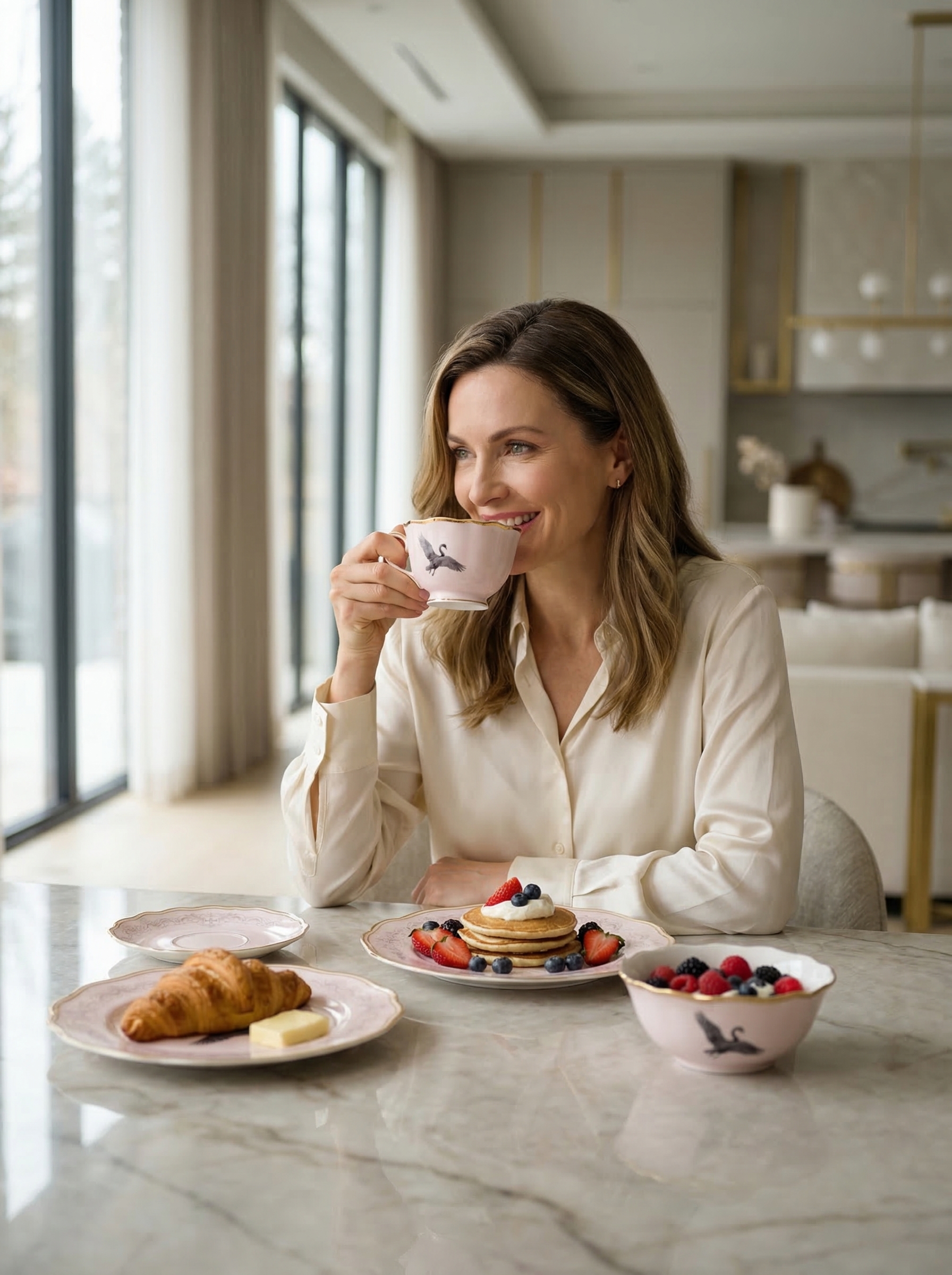 AI-generated lifestyle visual of a woman drinking from a branded teacup at breakfast