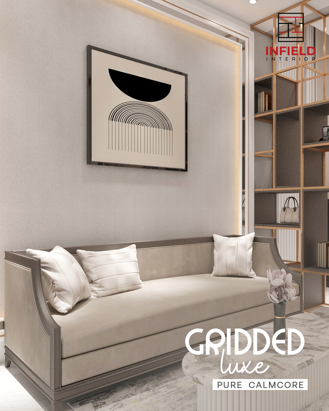 Social media post design for Infield Interior featuring a modern living room sofa