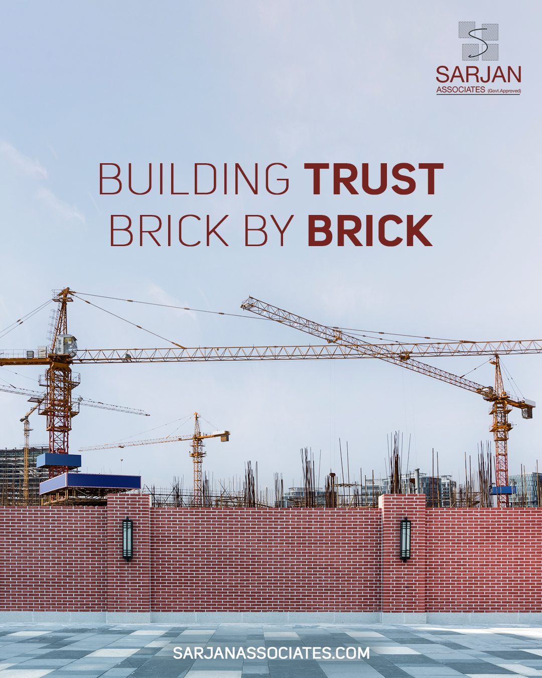 Social media post design for Sarjan Associates featuring construction cranes