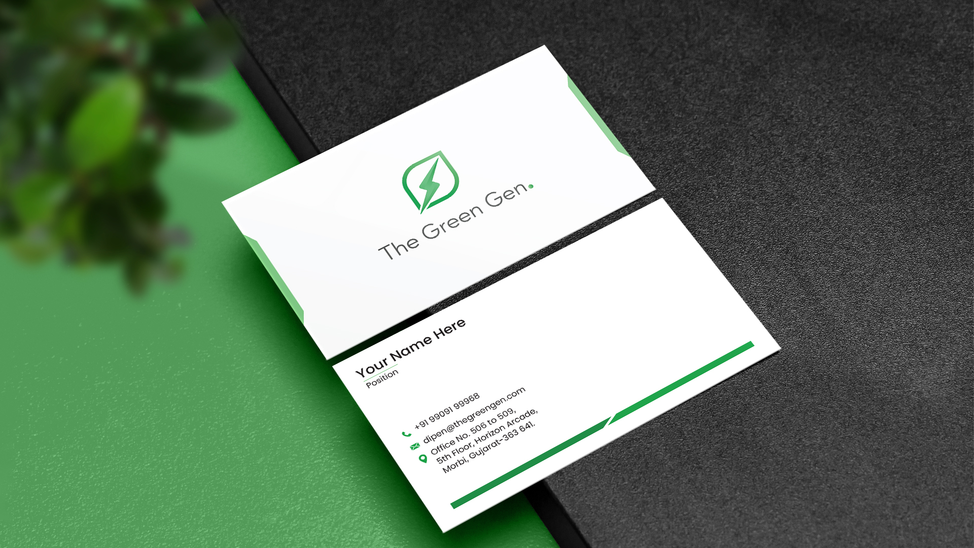 Business card design mockup for The Green Gen with plant styling