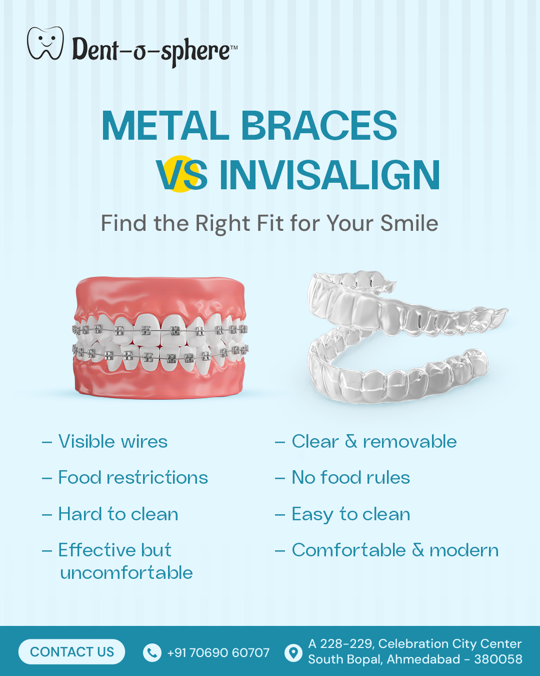 Social media comparison post design for Dent-o-Sphere on metal braces versus Invisalign