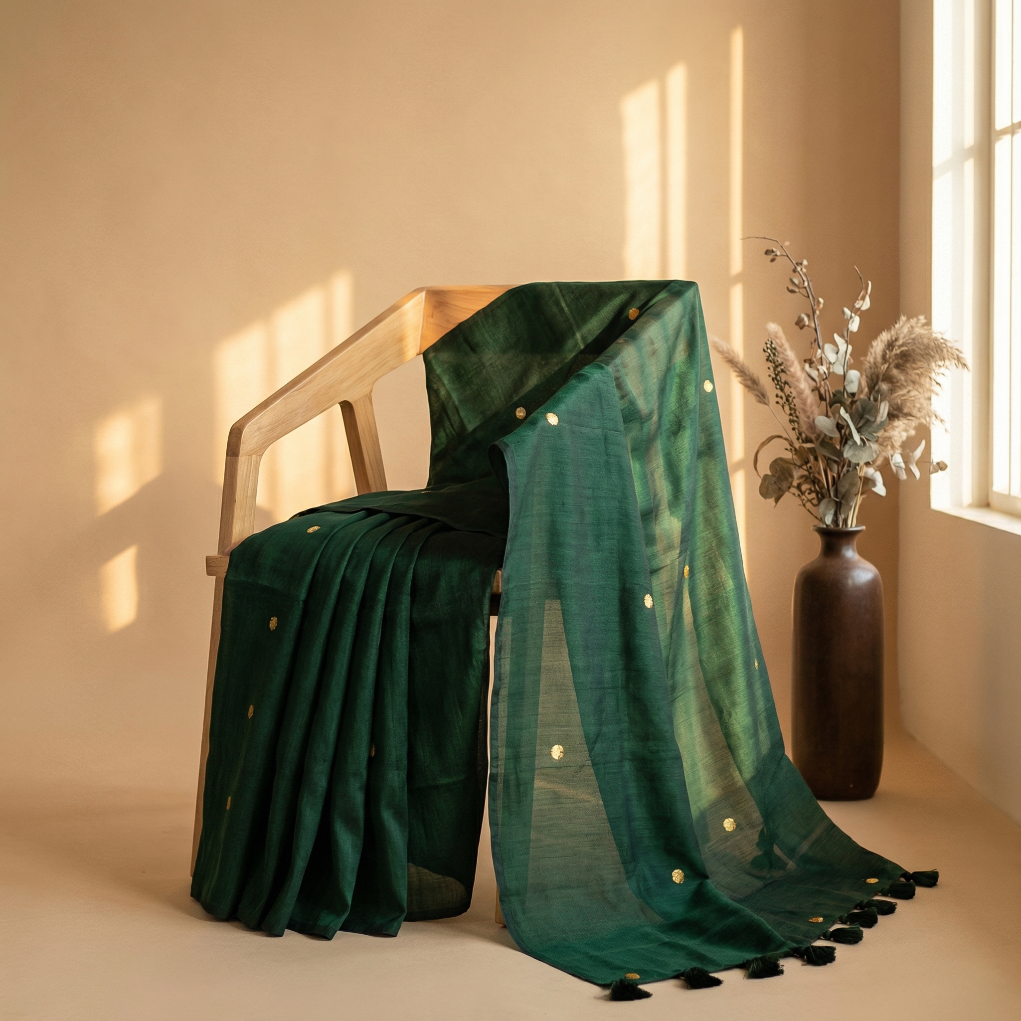 AI-generated product visual of a dark green saree draped over a chair