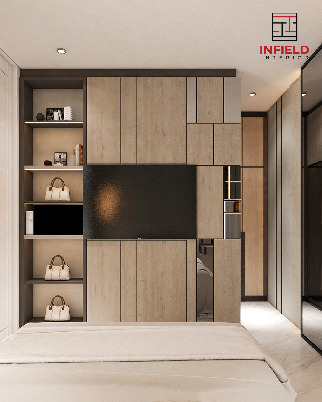 Social media post design for Infield Interior featuring a bedroom wardrobe and TV unit