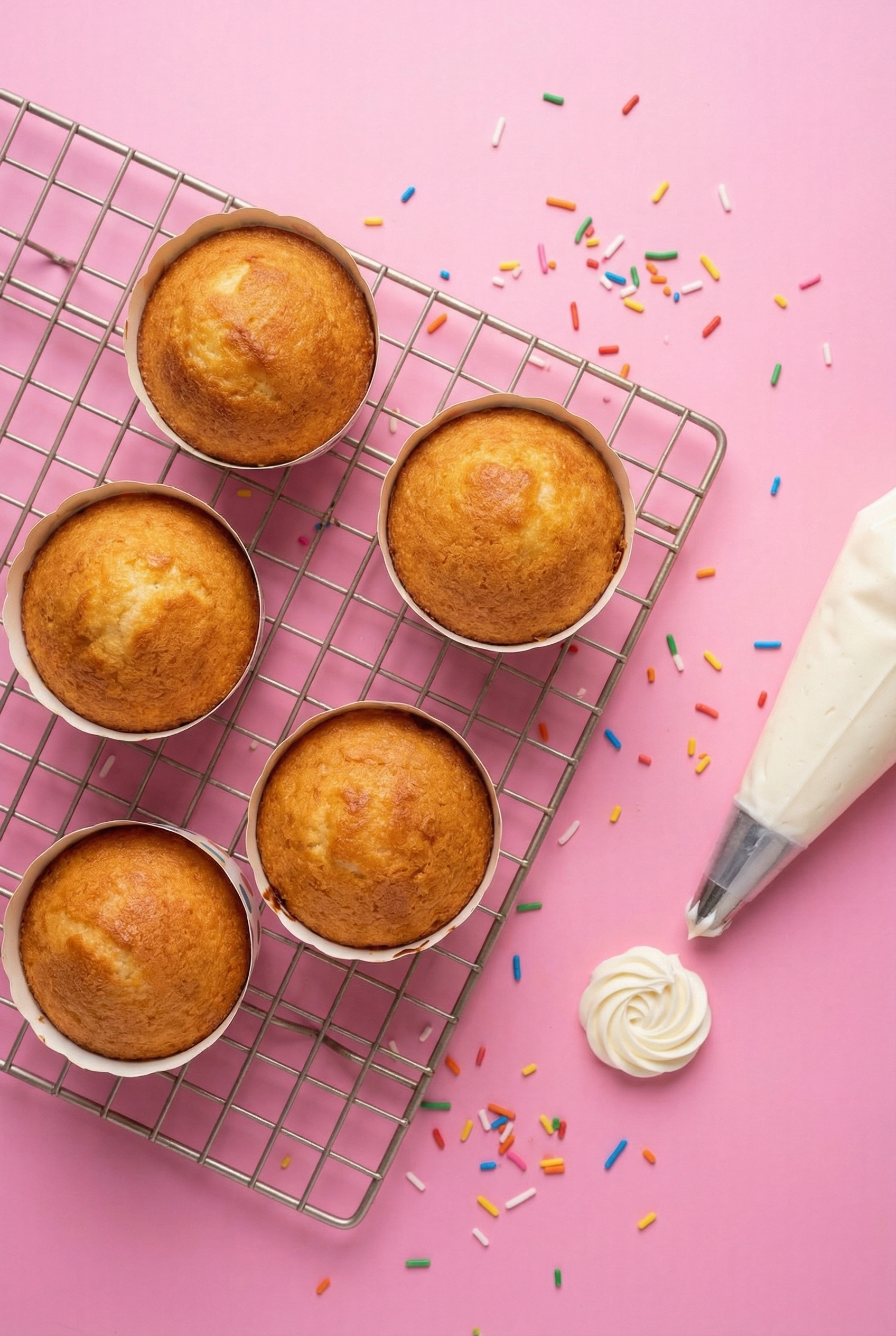 AI-generated product visual of cupcakes on a cooling rack with sprinkles