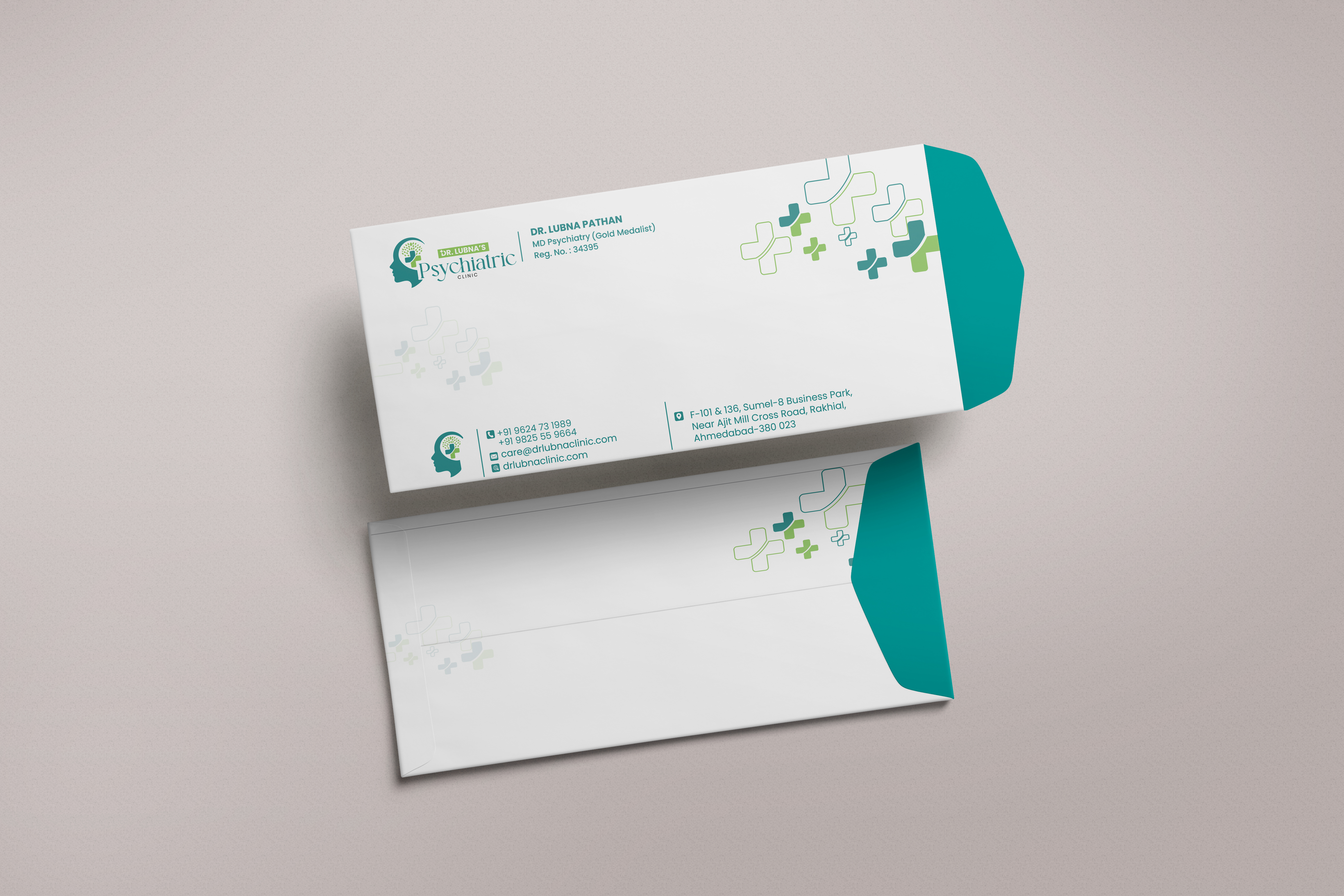 Healthcare-branded envelope mockup design with teal cross pattern