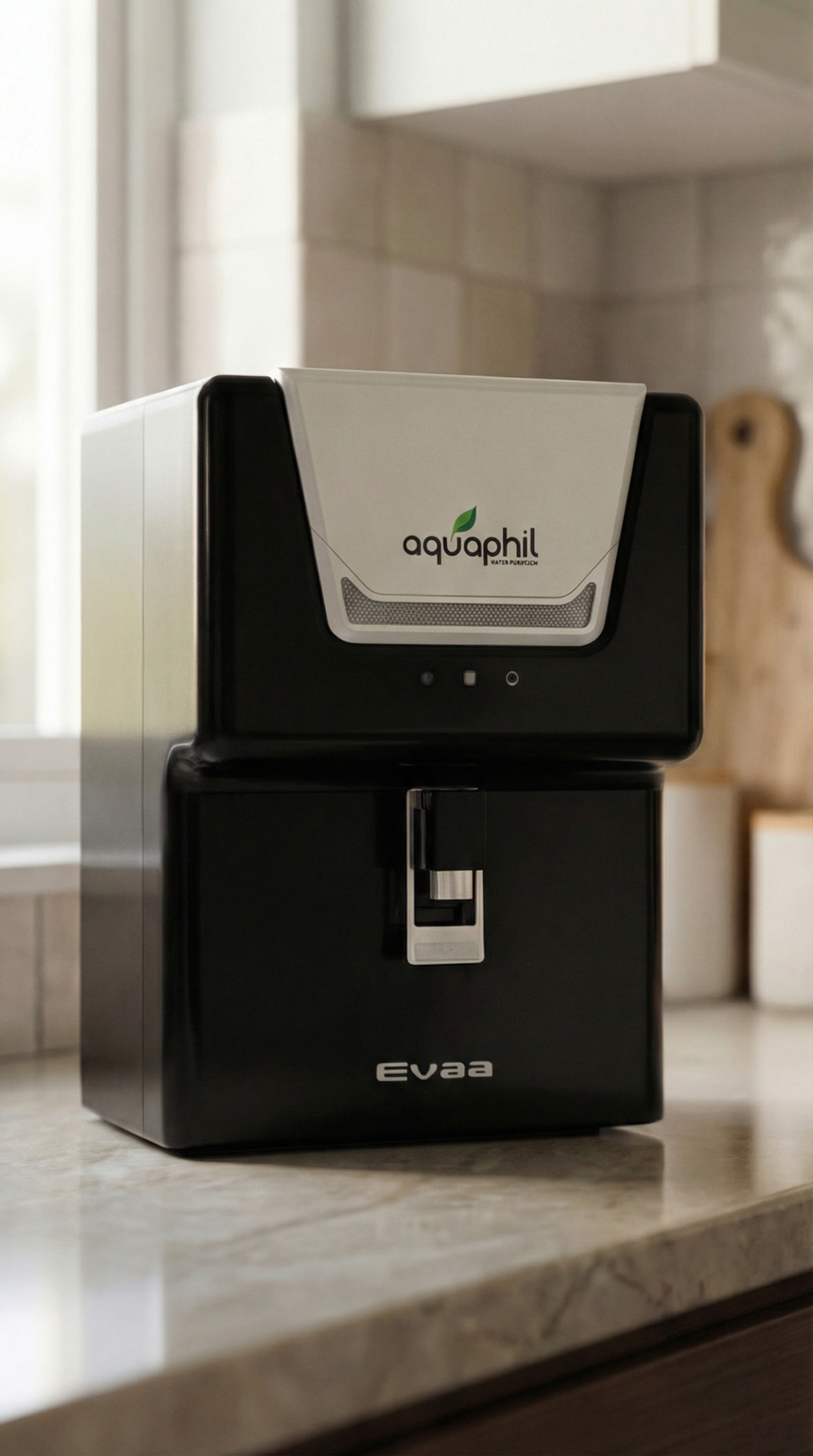 AI-generated product visual of an Aquaphil water purifier on a kitchen counter