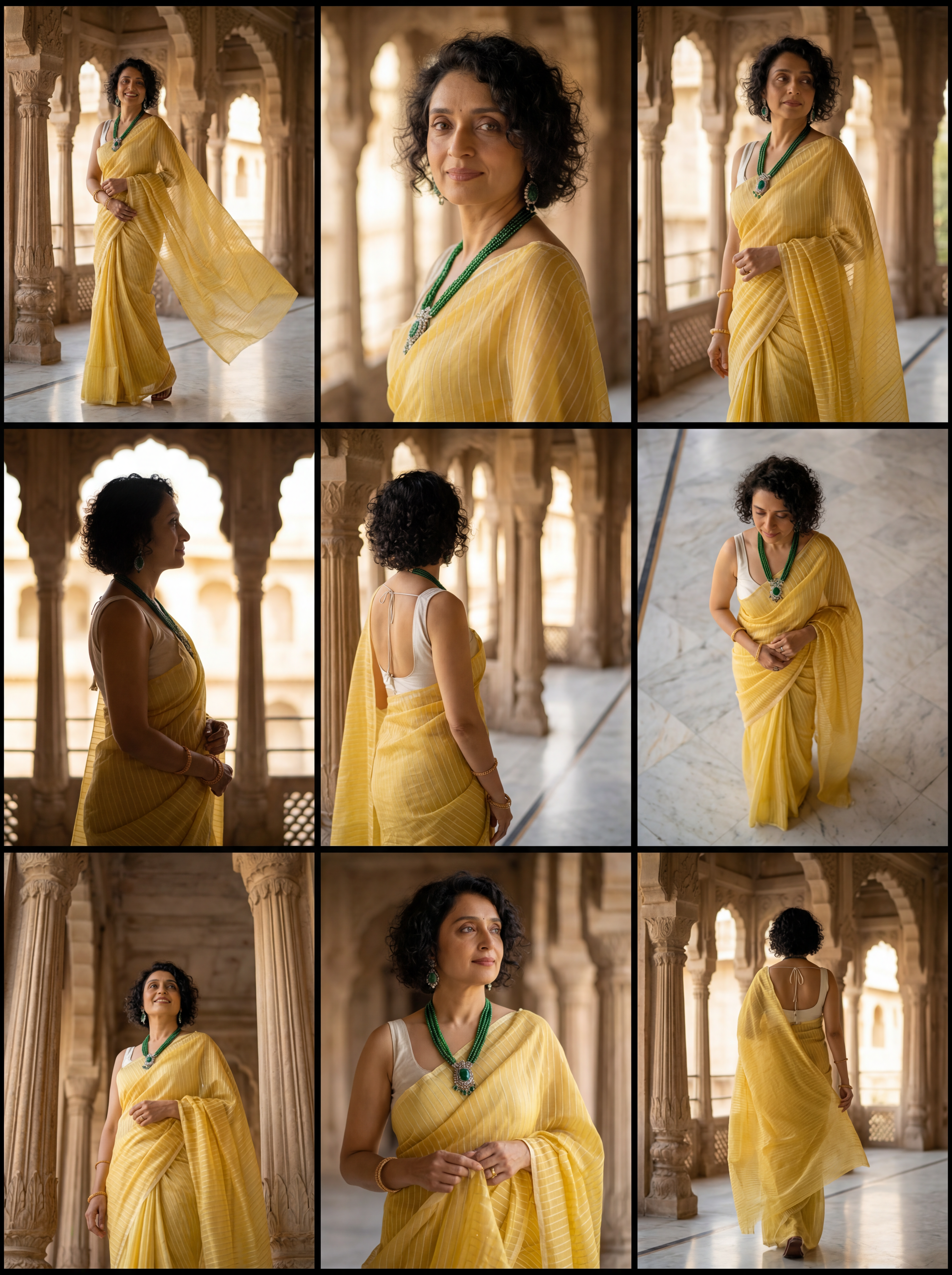 AI-generated fashion visual grid of a woman in a yellow saree in a palace corridor