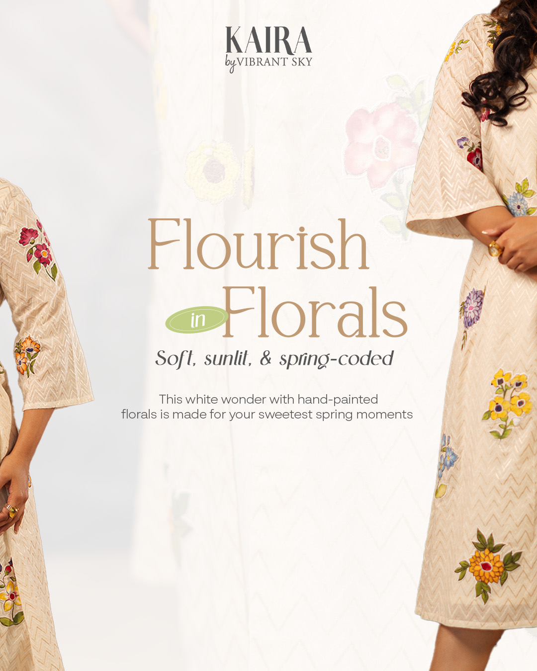 Social media post design for Kaira by Vibrant Sky featuring a floral-print dress