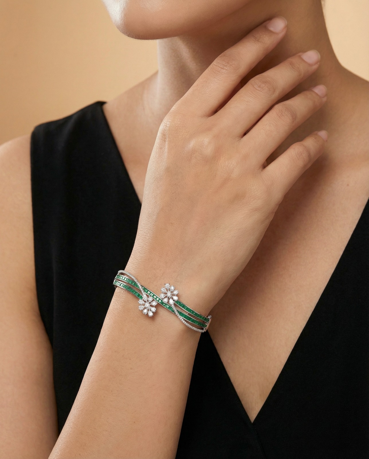 AI-generated lifestyle shot of a woman wearing an emerald and diamond flower bracelet