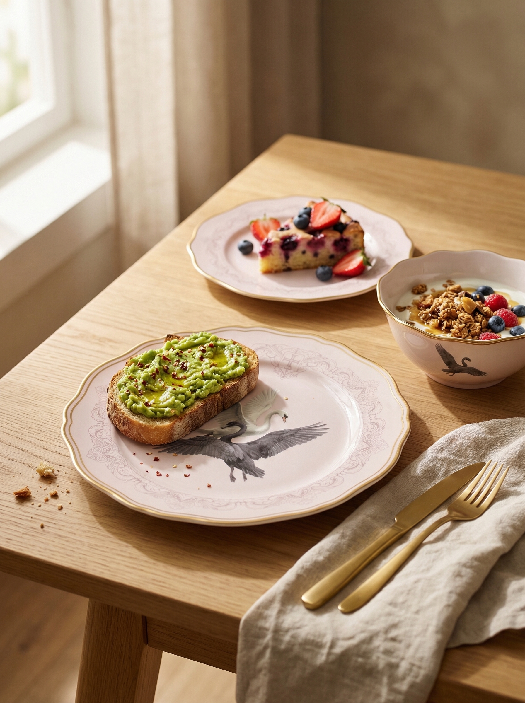 AI-generated product visual of avocado toast and berry dessert on branded floral plates