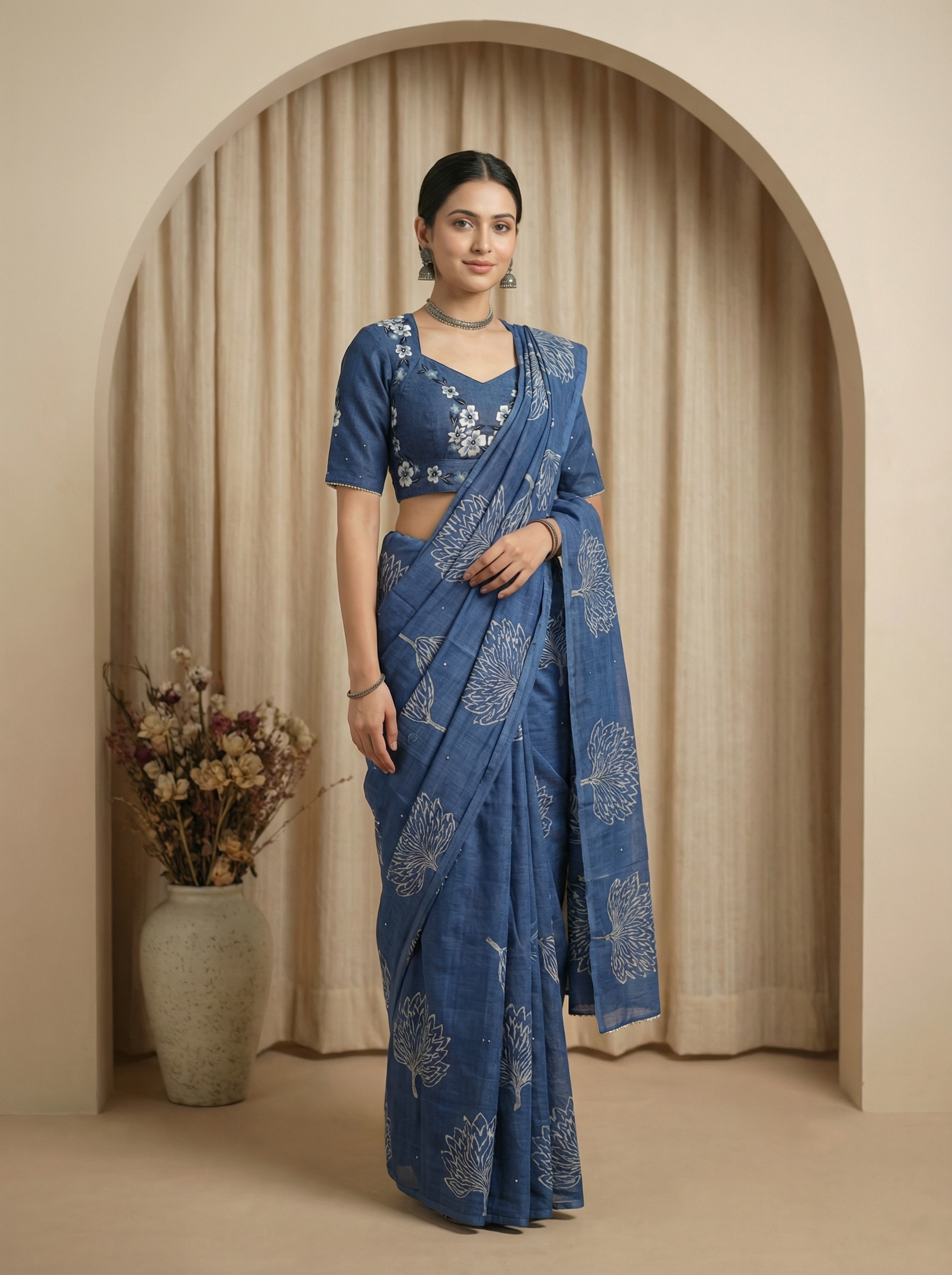 AI-generated fashion visual of a woman in a blue printed saree standing in an archway
